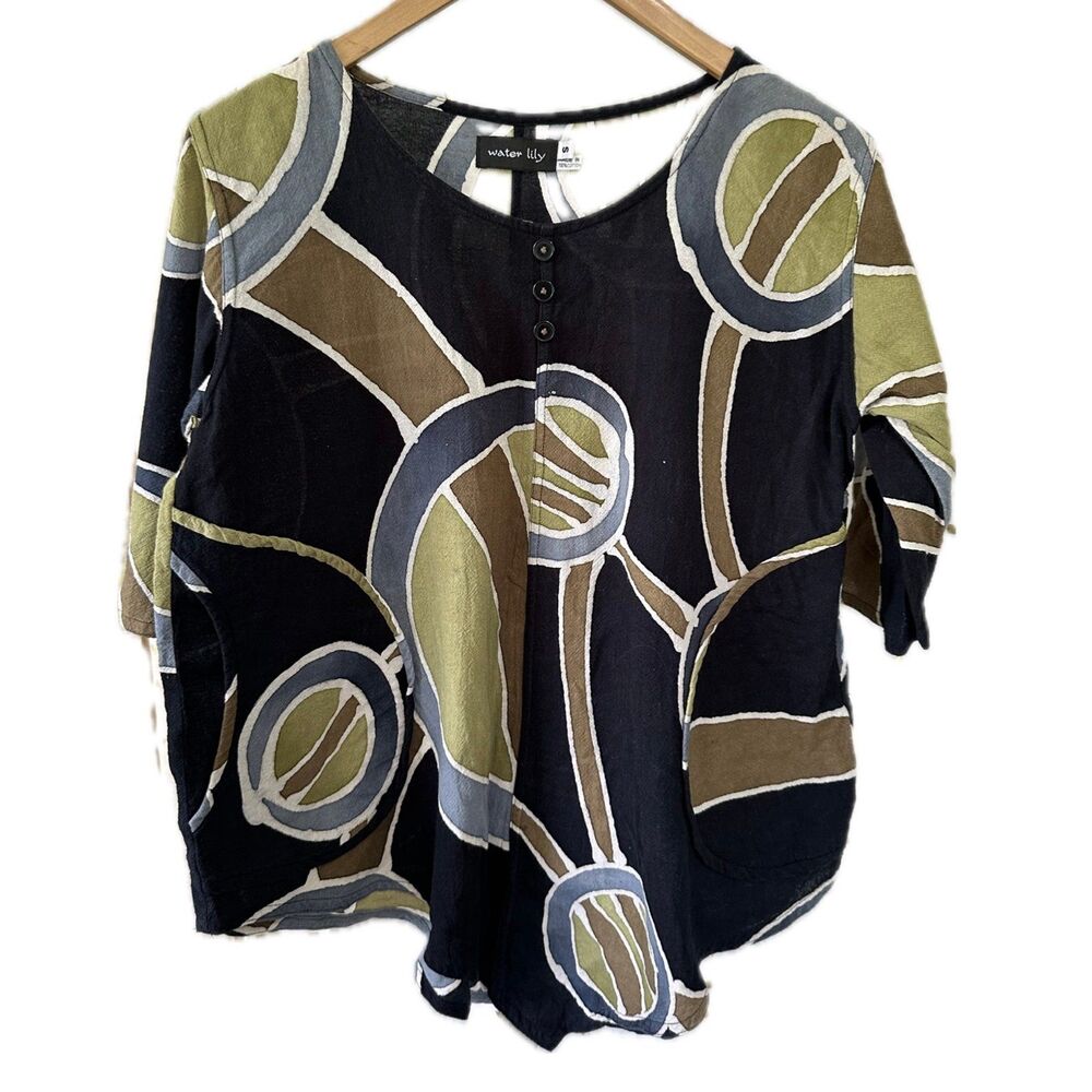 Water Lily 100% Cotton Batik Dye Inspired Geometric Side Pockets Tunic Blouse S
